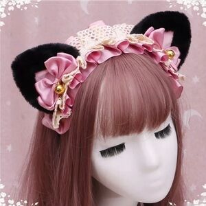 Lolita Cat Plush Ears Headband - Cosplay Kawaii Halloween Costume - Black & Pink